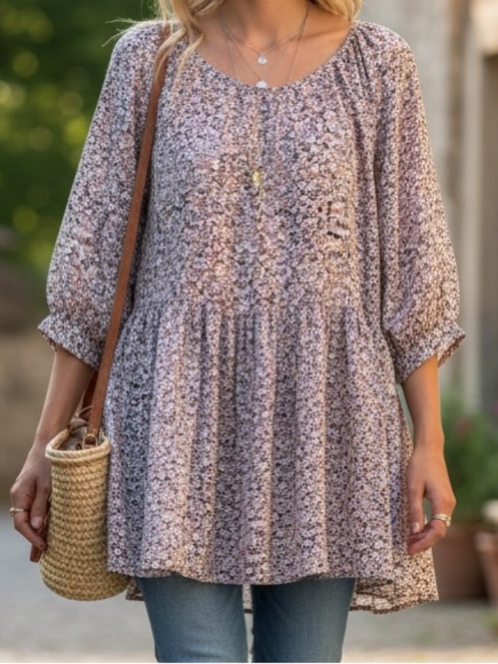 H&M Tunic Dress Top Lavender Pink Floral Peasant Tunic Boho Cottagecore Casual